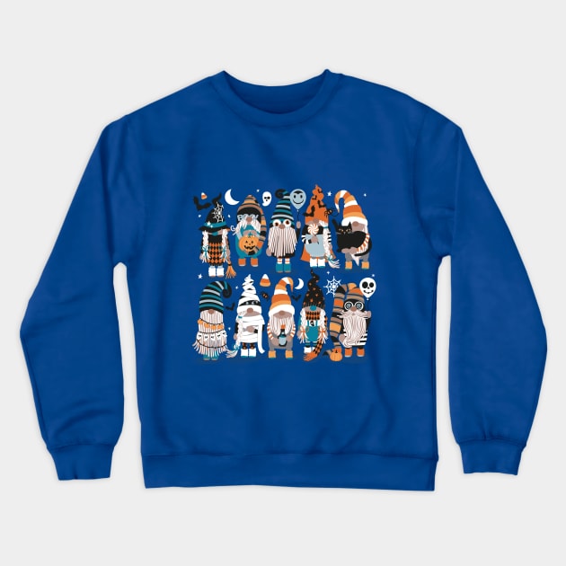 Boo-tiful gnomes // cobalt blue background fun little creatures black grey pastel blue and orange dressed for halloween Crewneck Sweatshirt by SelmaCardoso